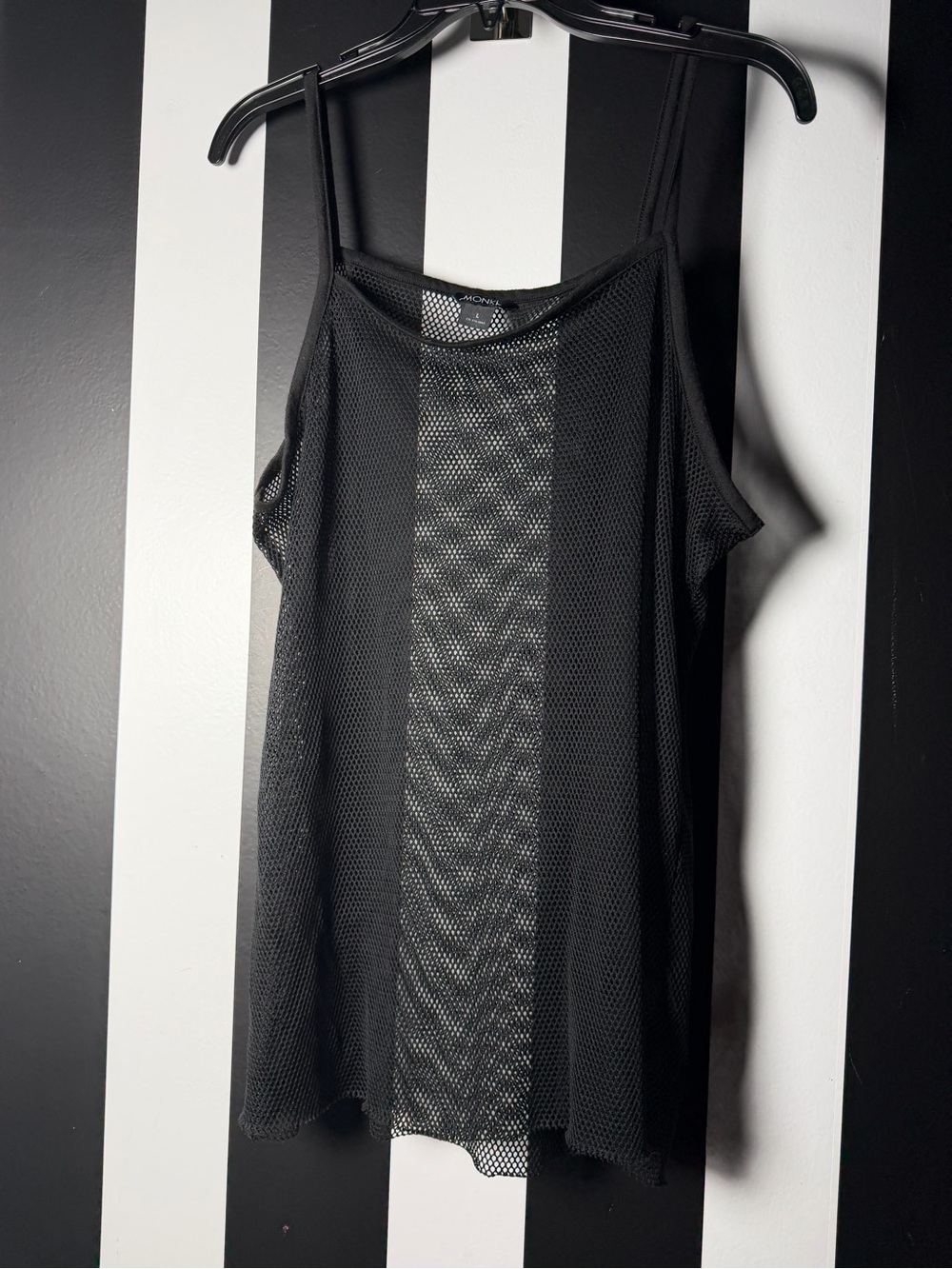 Women’s Monki Black Mesh Spaghetti Strap Tank Top SZ L